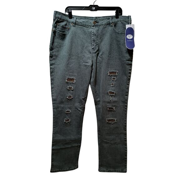 DG2 Diane Gilman Skinny Jeans 18W Grayish Green Distressed Studded Stretch Denim - Picture 1 of 5